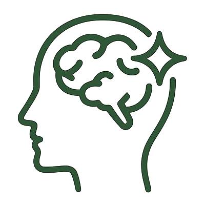 Green outline of a head with a brain on a white background